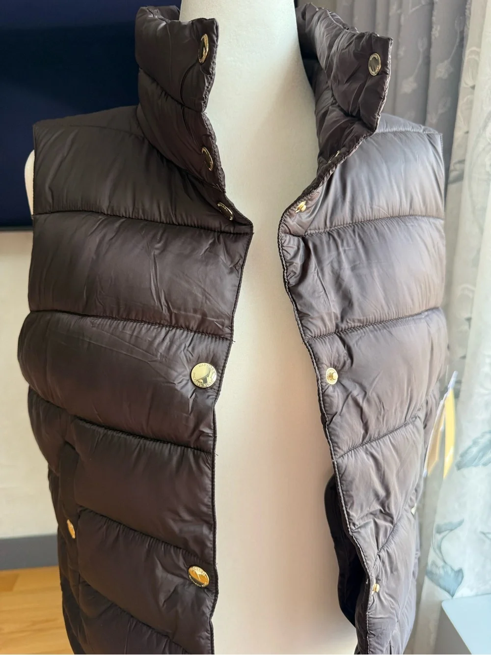 Michael Kors Chocolate Brown Quilted Puffer Vest with Gold Buttons